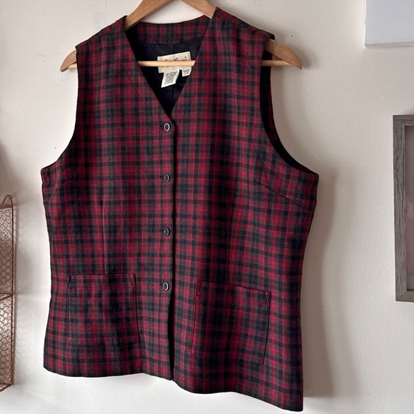 Eddie Bauer 90s Vintage Red Black Green Plaid Wool Vest Fully Lined Size Large - Picture 3 of 12